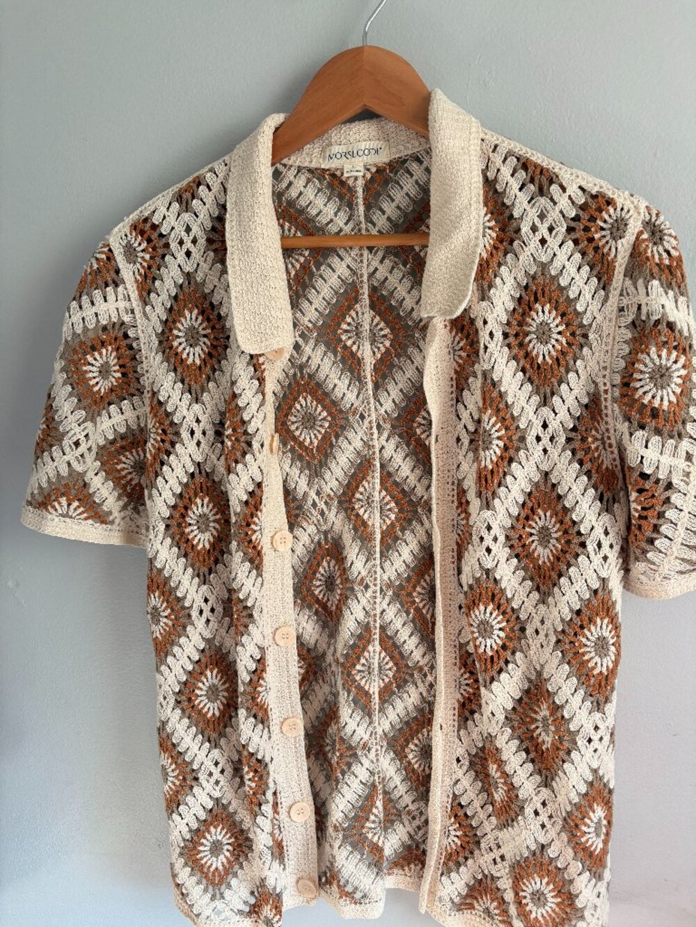 Morse Code Crochet Button-Down Shirt Mens Geometric Granny Square Pattern